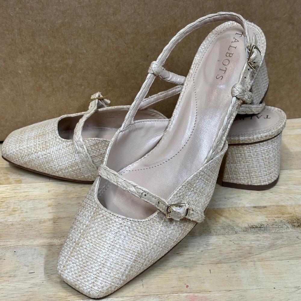 Talbots Block Heel Pump Women 9.5M Beige Woven Raffia Slingback Excellent